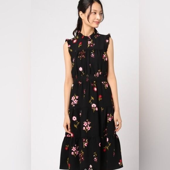 kate spade L Ma Cherie In Bloom Black Floral Smocked Waist Tiered A Line Dress - Picture 5 of 16
